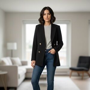 Double-Breasted Lined Blazer, Shoulder Pads, Women’s M (6), Black